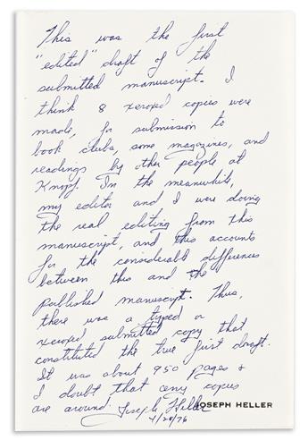 HELLER, JOSEPH. Two items: photocopy of the complete original typescript draft of his Something Happened Signed and dated * Autograph N